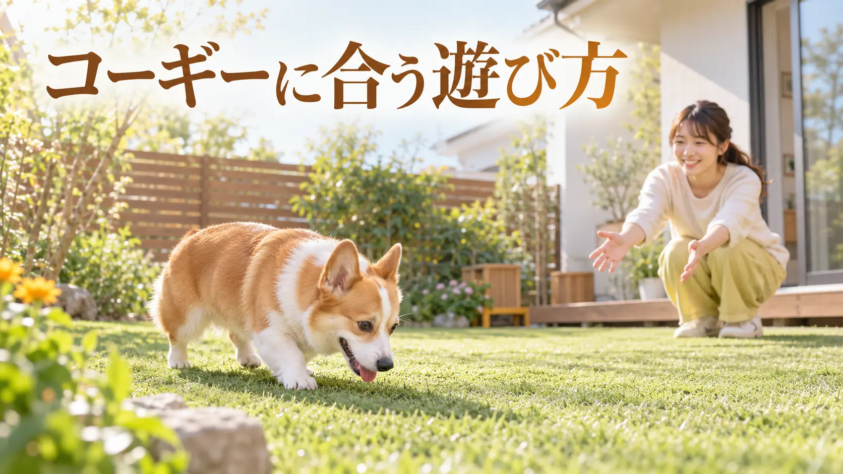 飼い主と芝生で匂い探しを楽しむコーギー