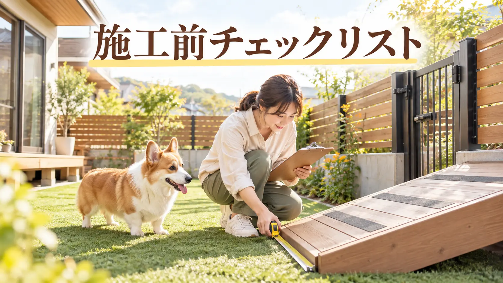 コーギーと一緒にスロープを点検する飼い主
