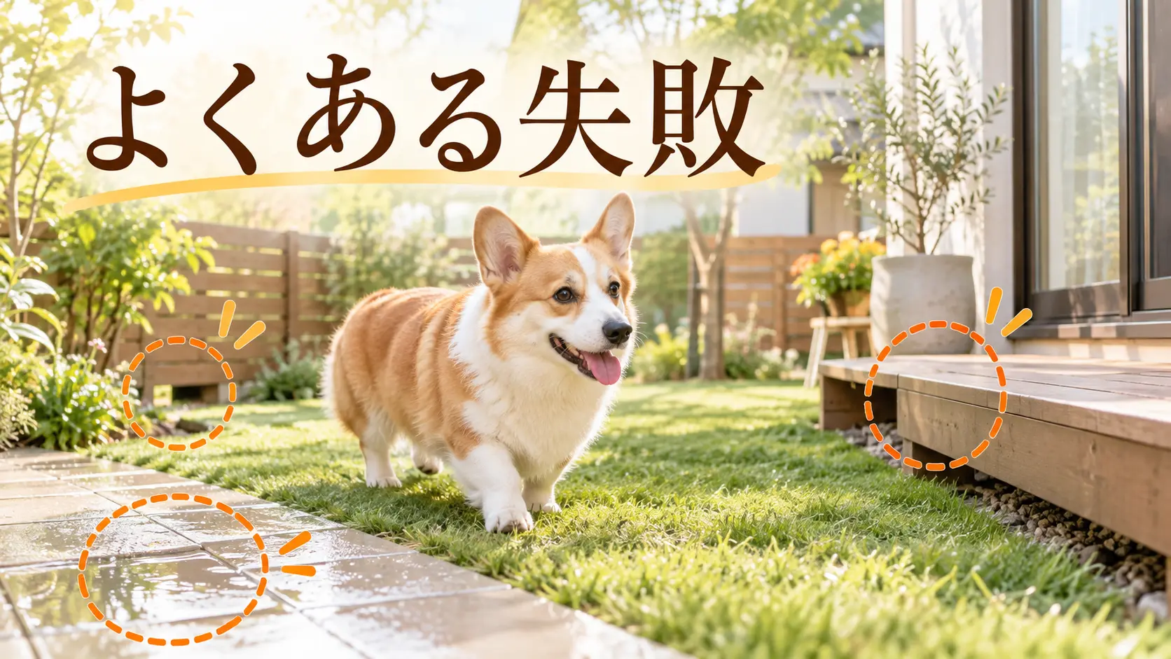 濡れた床やデッキの段差がある庭のコーギー