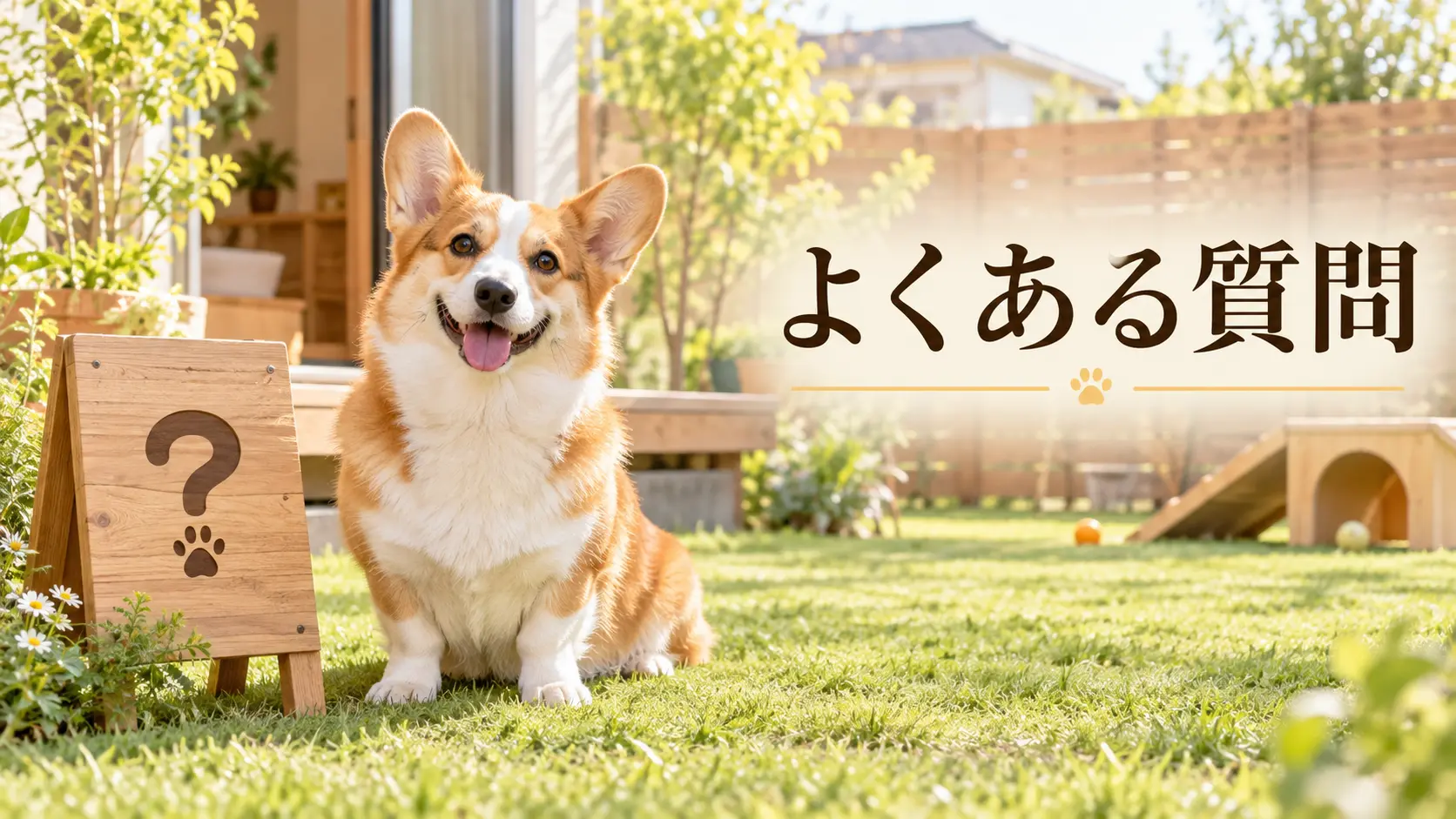 よくある質問の案内板のそばにいるコーギー