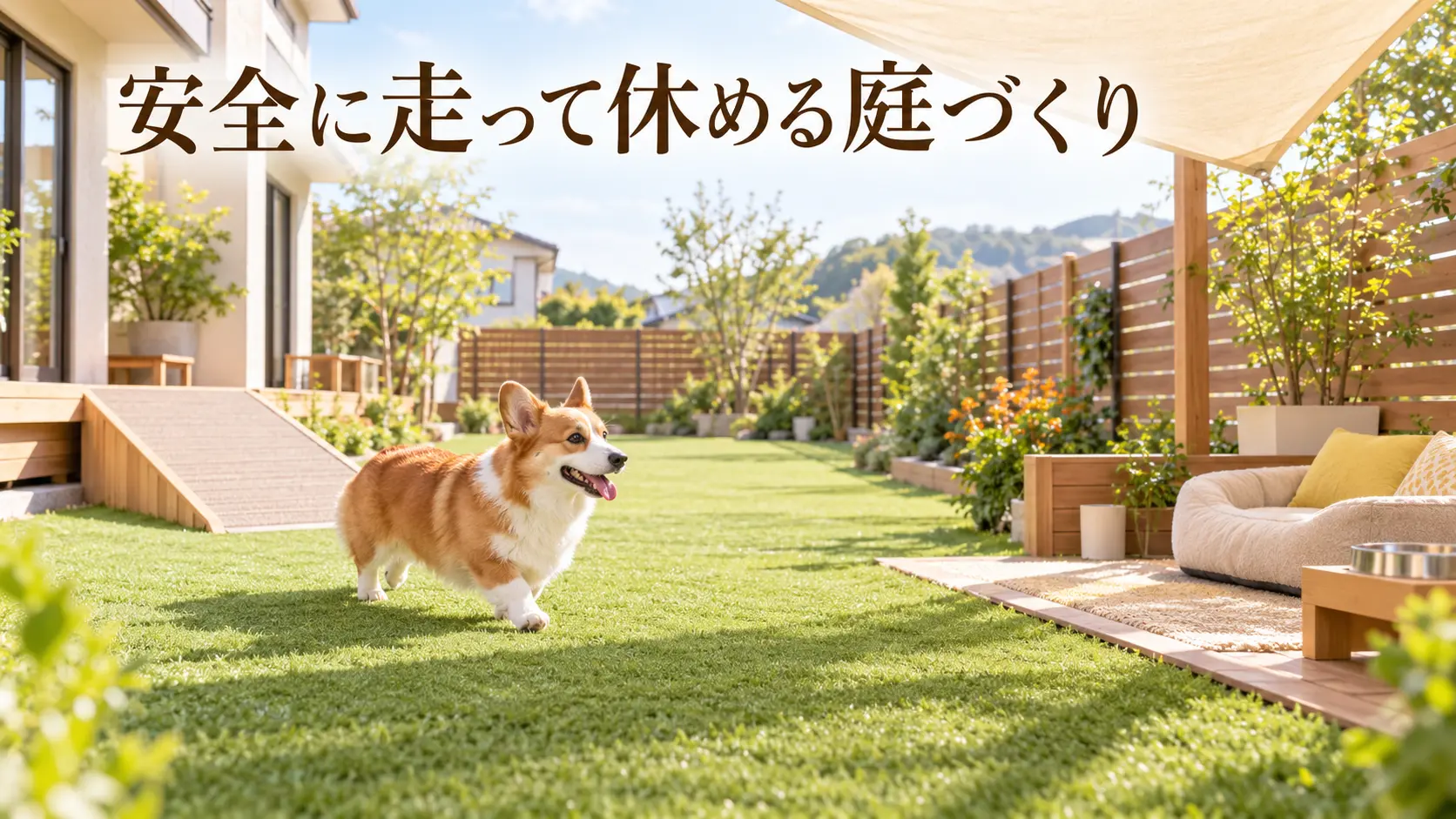 日陰とスロープを備えた庭を走るコーギー
