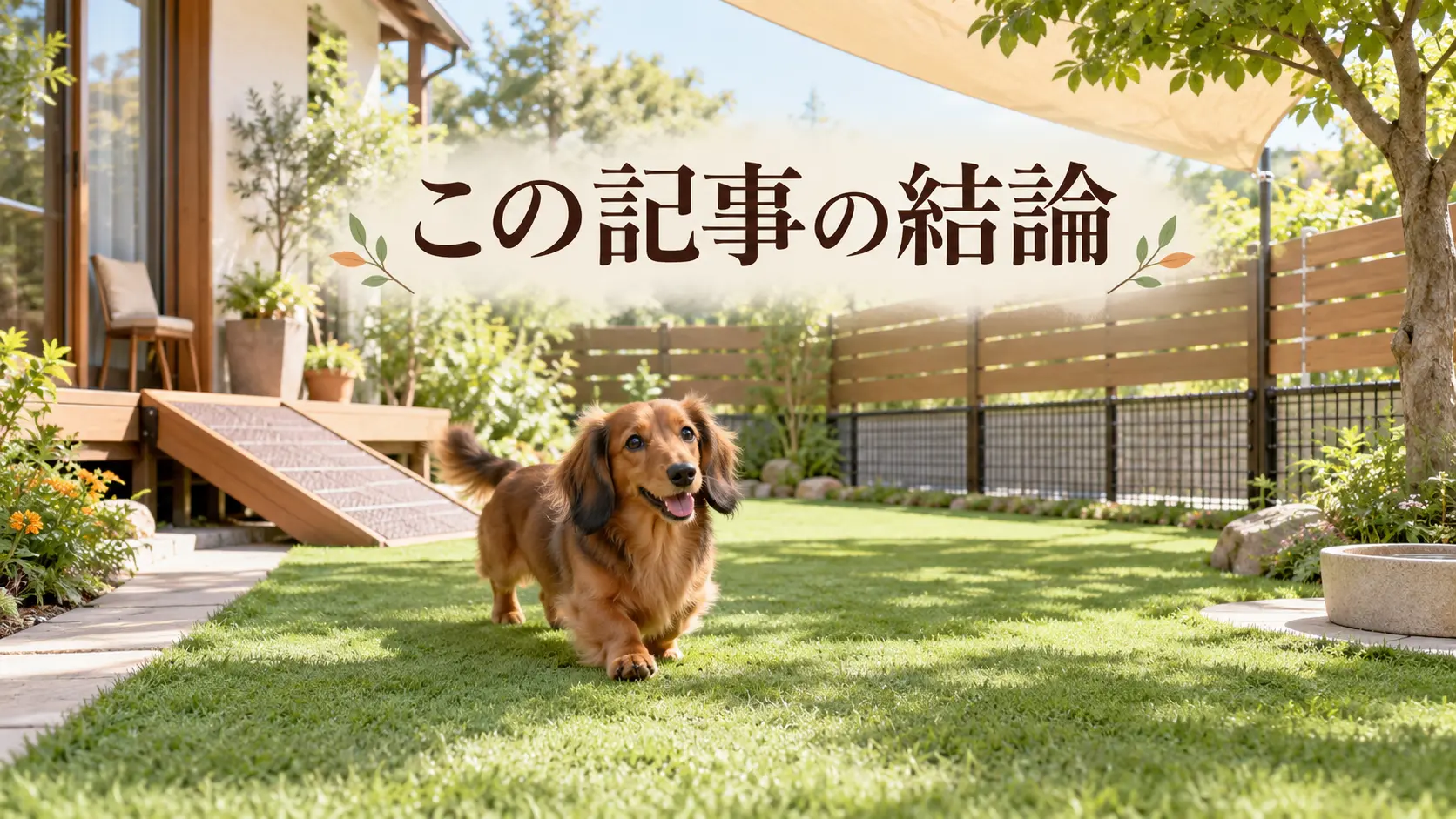 フェンスと日陰のある平坦な芝生の庭を歩くミニチュアダックスフンド
