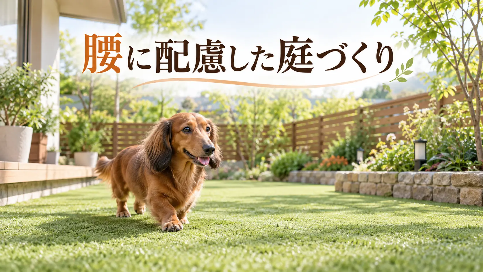 腰への負担に配慮した芝生の庭を歩くミニチュアダックスフンド