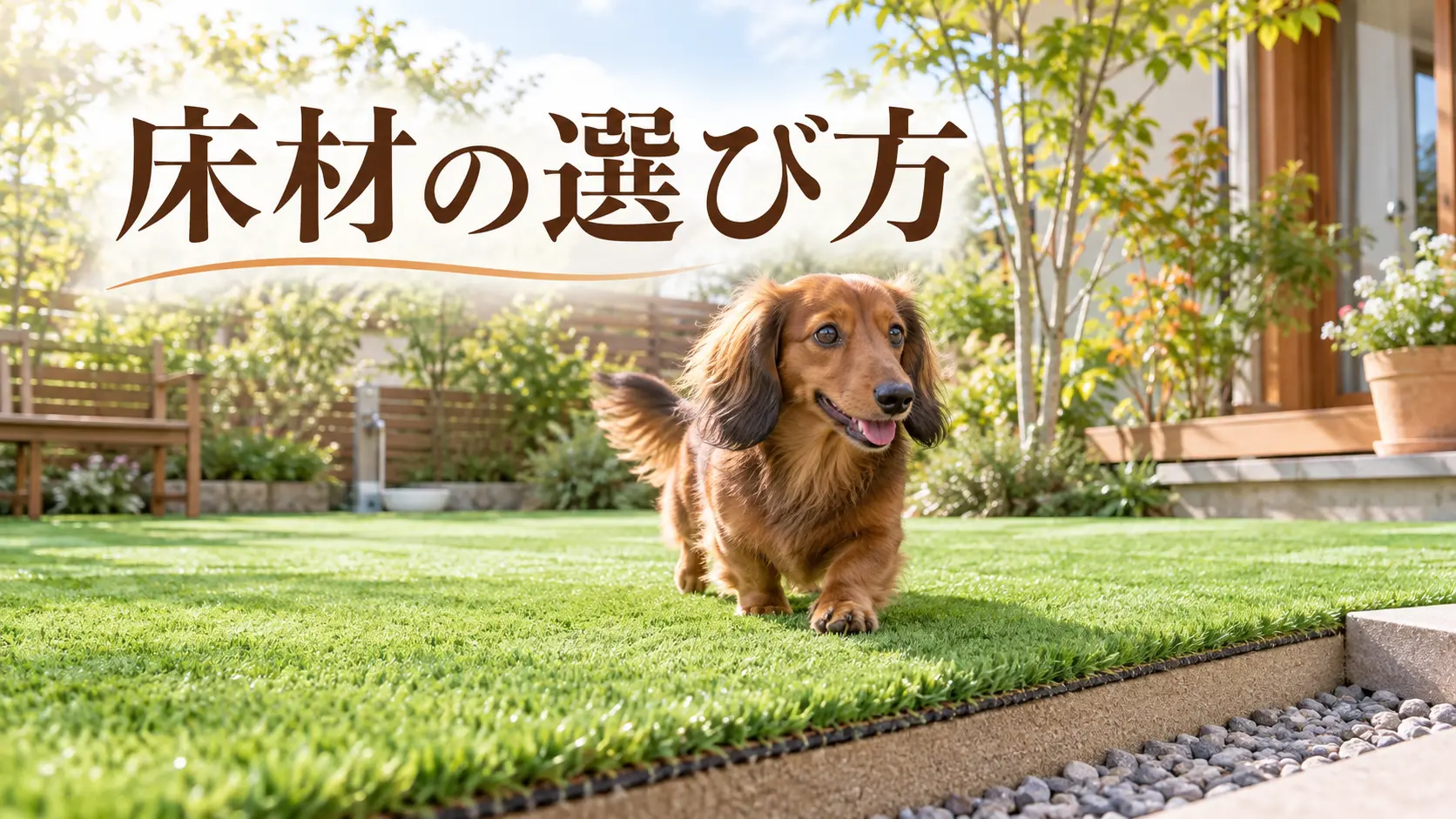 人工芝と通路の境目を歩くミニチュアダックスフンド