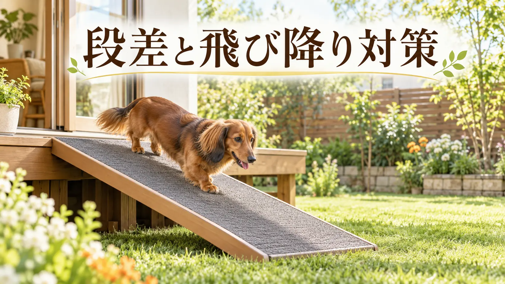 デッキから滑り止め付きのスロープを下りるミニチュアダックスフンド