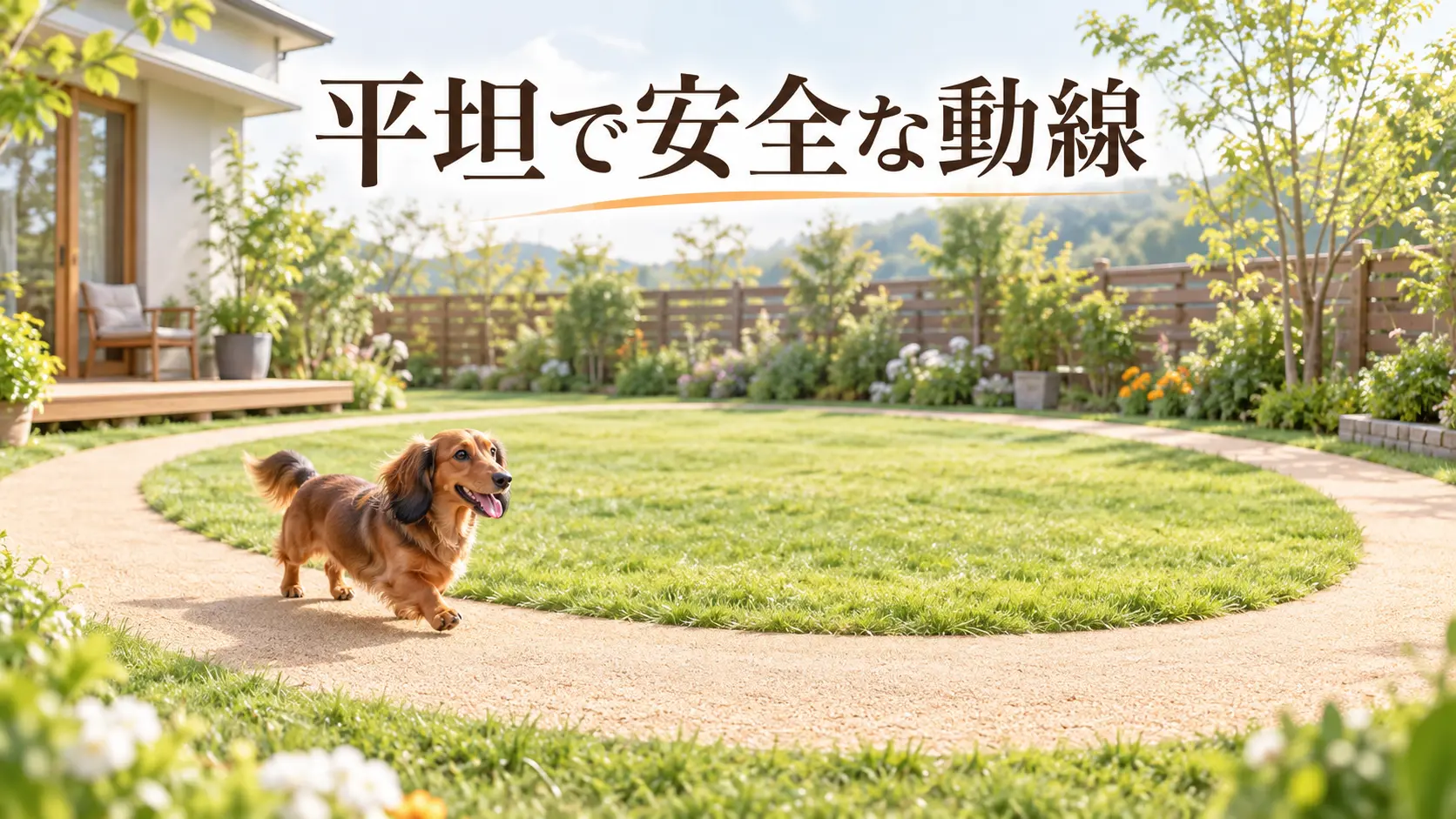芝生の周りに平坦な回遊路を設けた庭とミニチュアダックスフンド