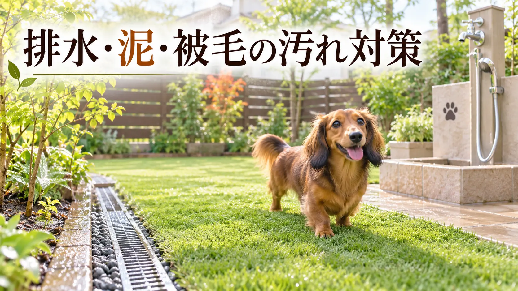 排水溝と足洗い場のある庭のミニチュアダックスフンド