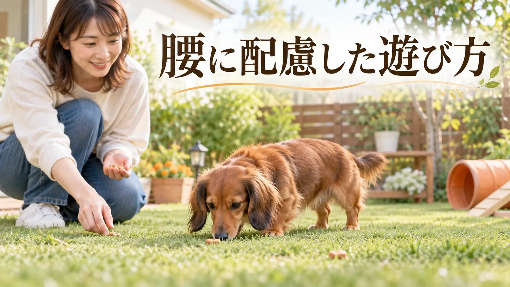 飼い主と芝生で匂い探しを楽しむミニチュアダックスフンド