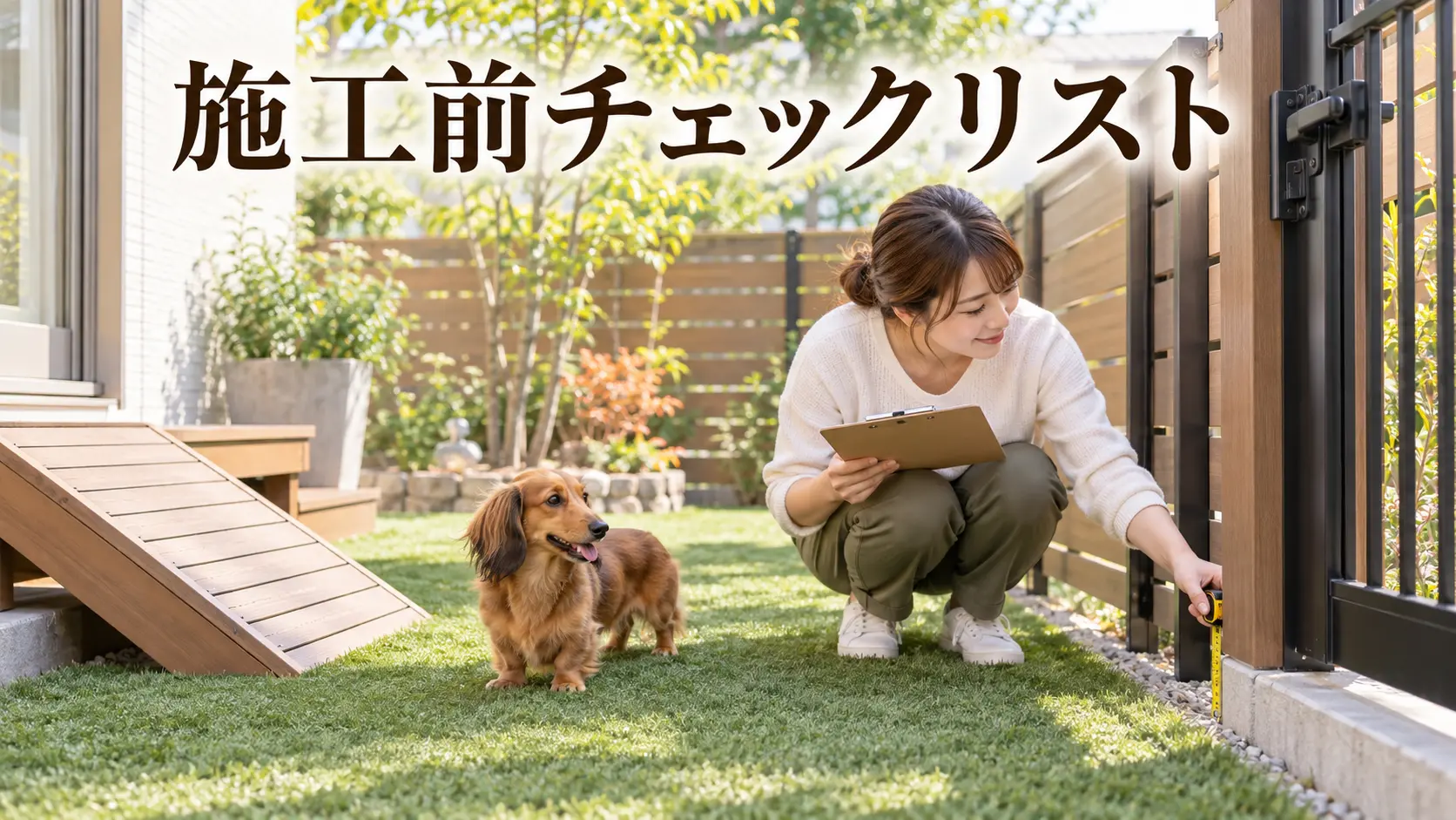 ミニチュアダックスフンドと一緒に庭の門扉を点検する飼い主