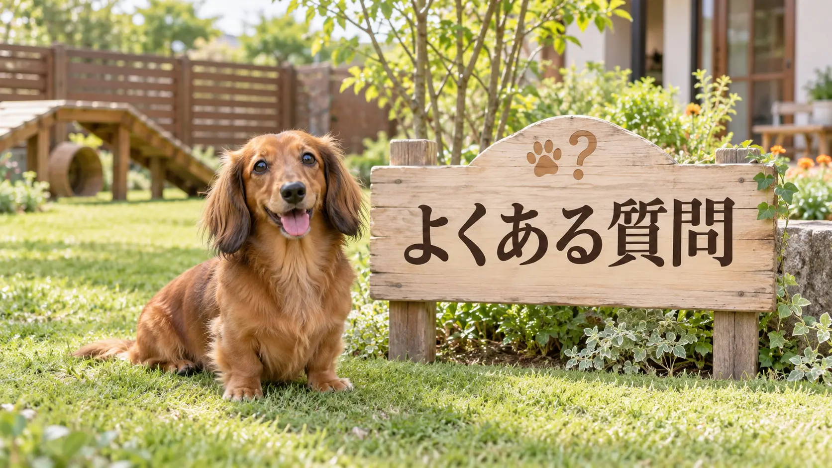 庭のよくある質問の案内板とミニチュアダックスフンド