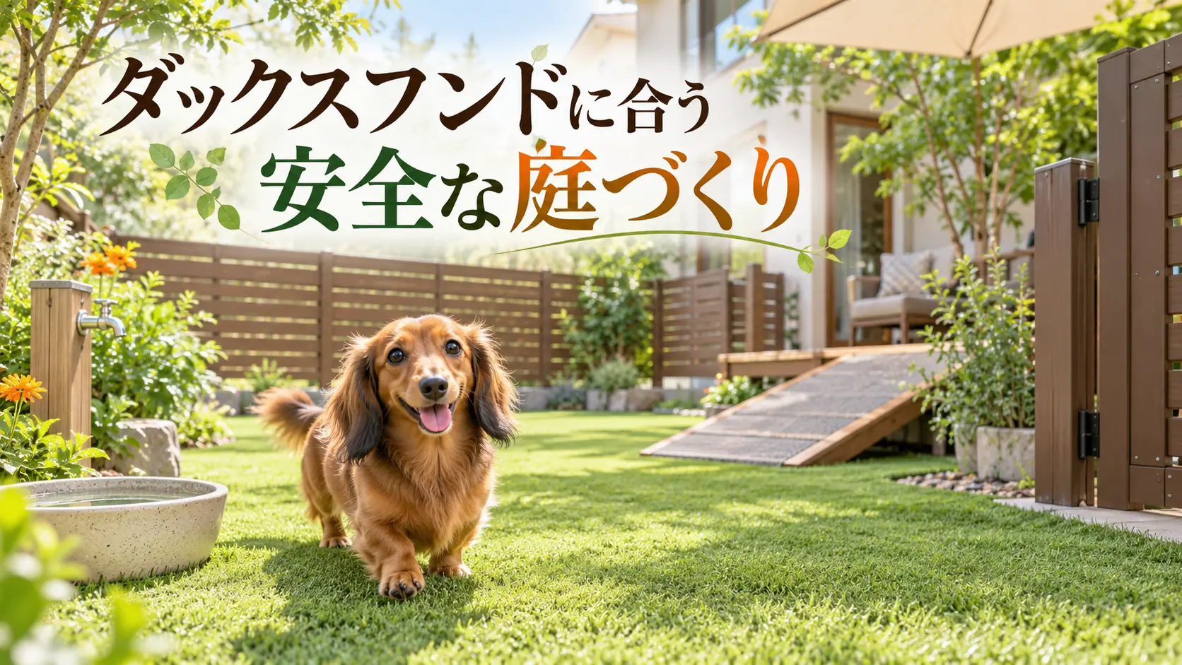 フェンスとスロープを備えた安全な庭のミニチュアダックスフンド