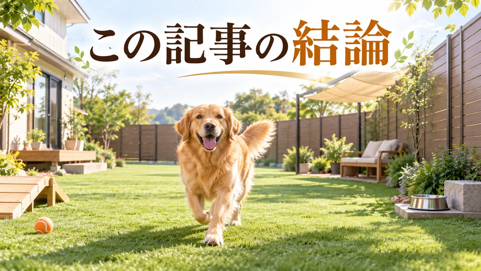 日陰とフェンスのある芝生の庭を走るゴールデンレトリバー