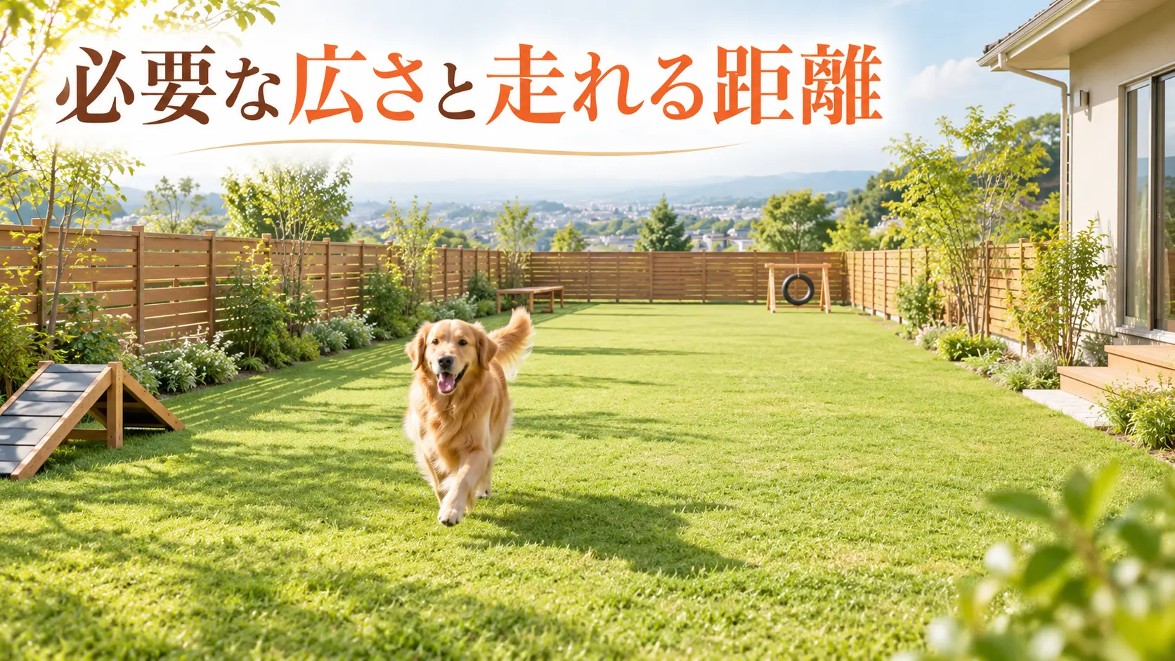 直線の走行距離と余白を確保した広い芝生の庭とゴールデンレトリバー