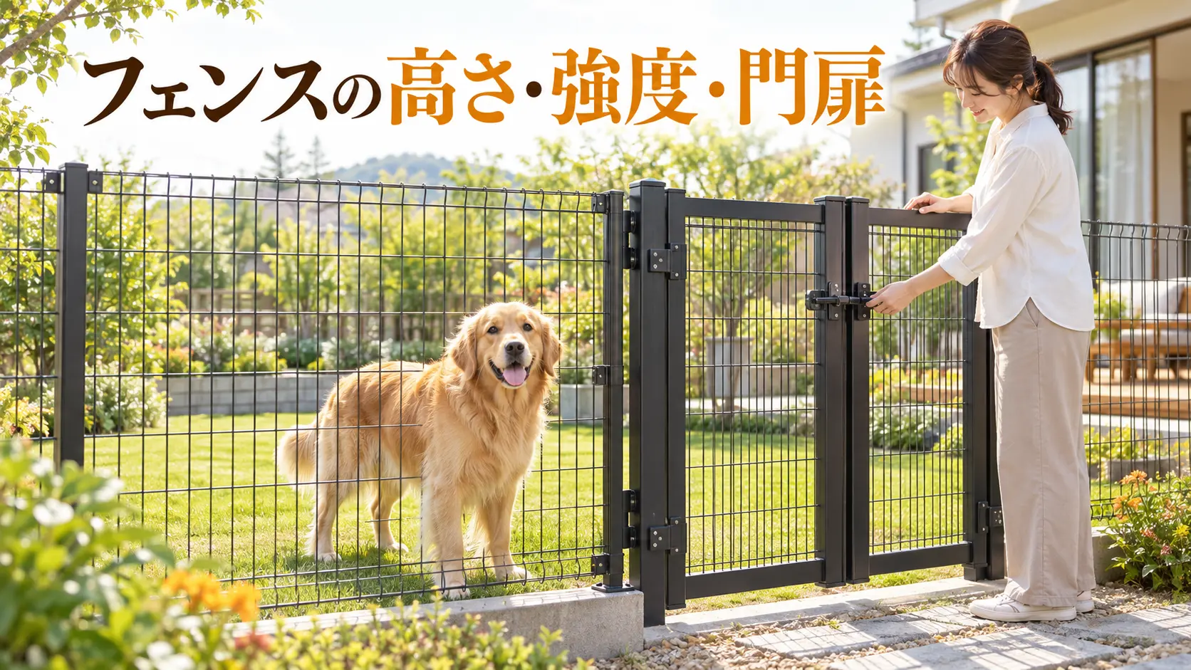 ゴールデンレトリバーのそばでフェンスと門扉の施錠を確認する飼い主