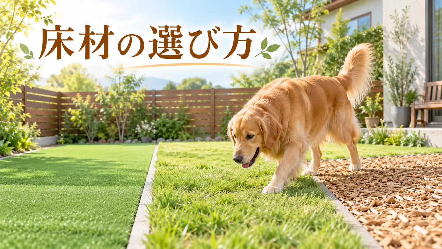人工芝・天然芝・ウッドチップを組み合わせた庭を歩くゴールデンレトリバー