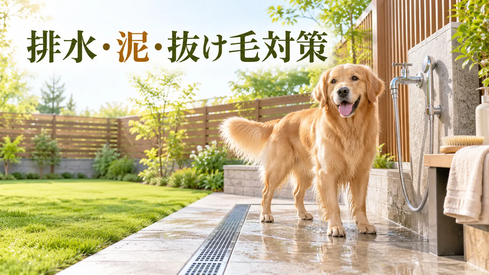 排水溝を備えた足洗い場に立つゴールデンレトリバー