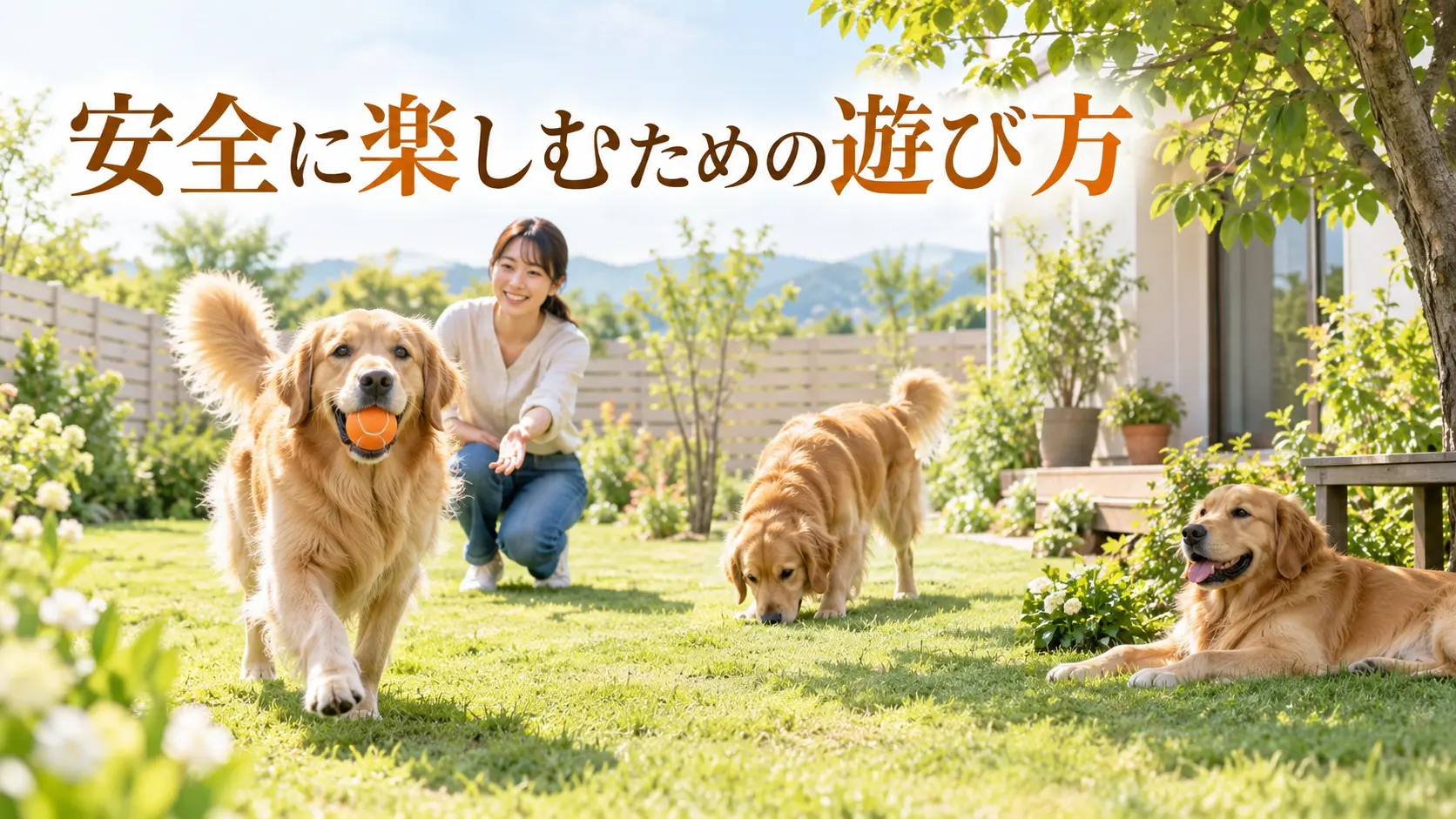 飼い主が見守る庭でボール遊び・匂い探し・休憩を楽しむゴールデンレトリバー
