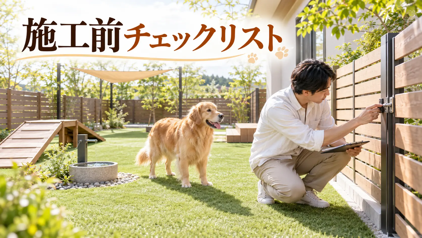 ゴールデンレトリバーと一緒にフェンスの固定部分を点検する飼い主