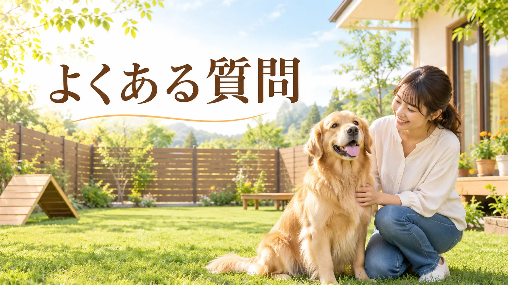 芝生の庭でゴールデンレトリバーに寄り添う飼い主