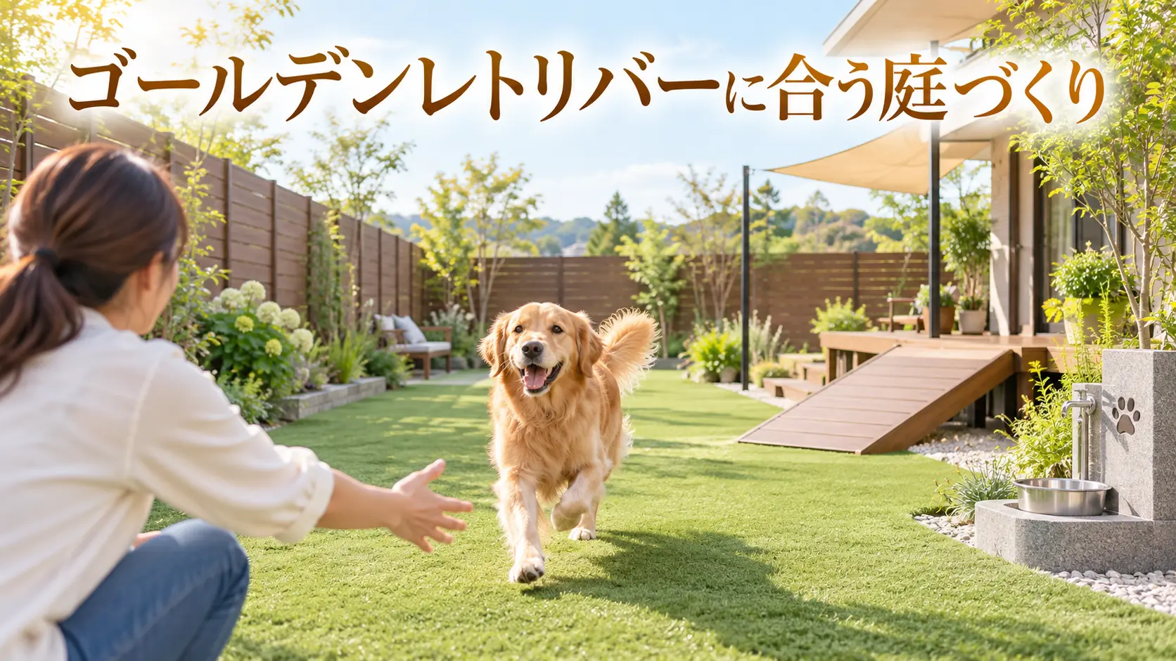 スロープとフェンスを備えた庭で飼い主のもとへ走るゴールデンレトリバー