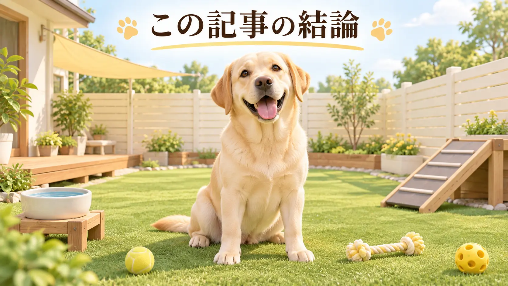日陰とフェンスのある芝生の庭のラブラドール