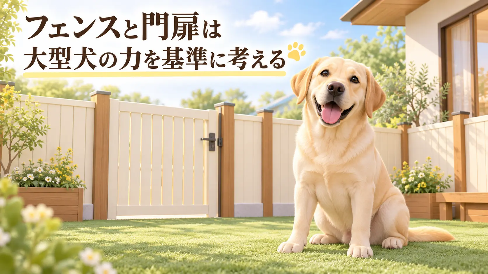 フェンスと門扉のそばにいるラブラドール