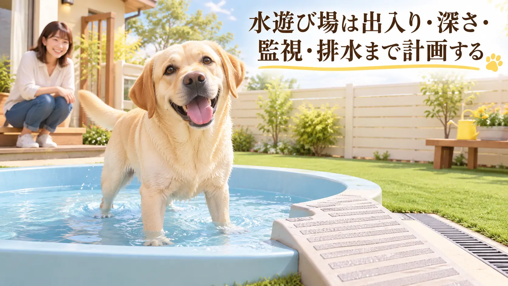 浅い水遊び場にいるラブラドール