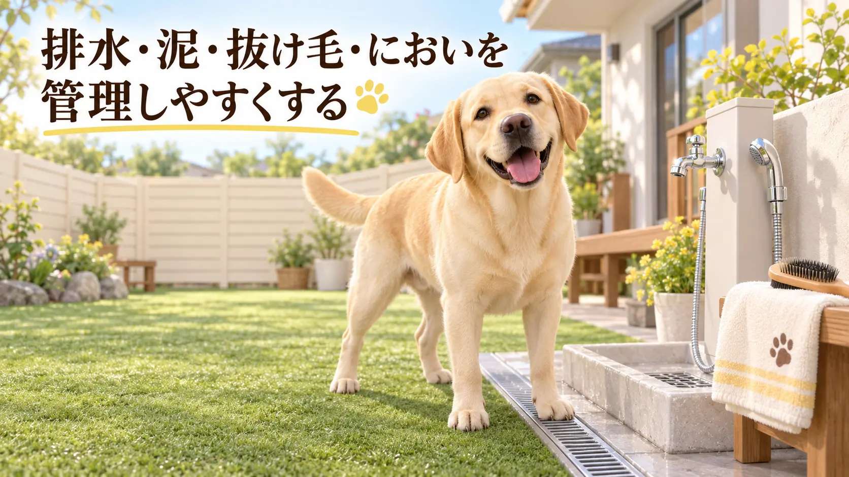 排水と足洗い場のある庭のラブラドール