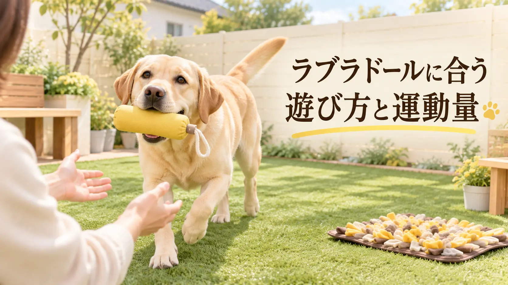 飼い主と庭で遊ぶラブラドール