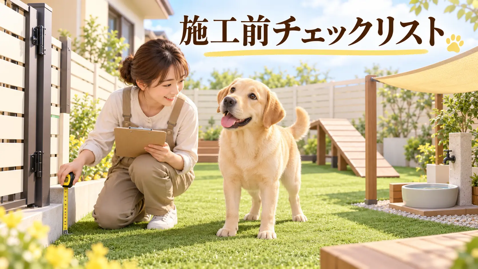 庭の設備を点検する飼い主とラブラドール
