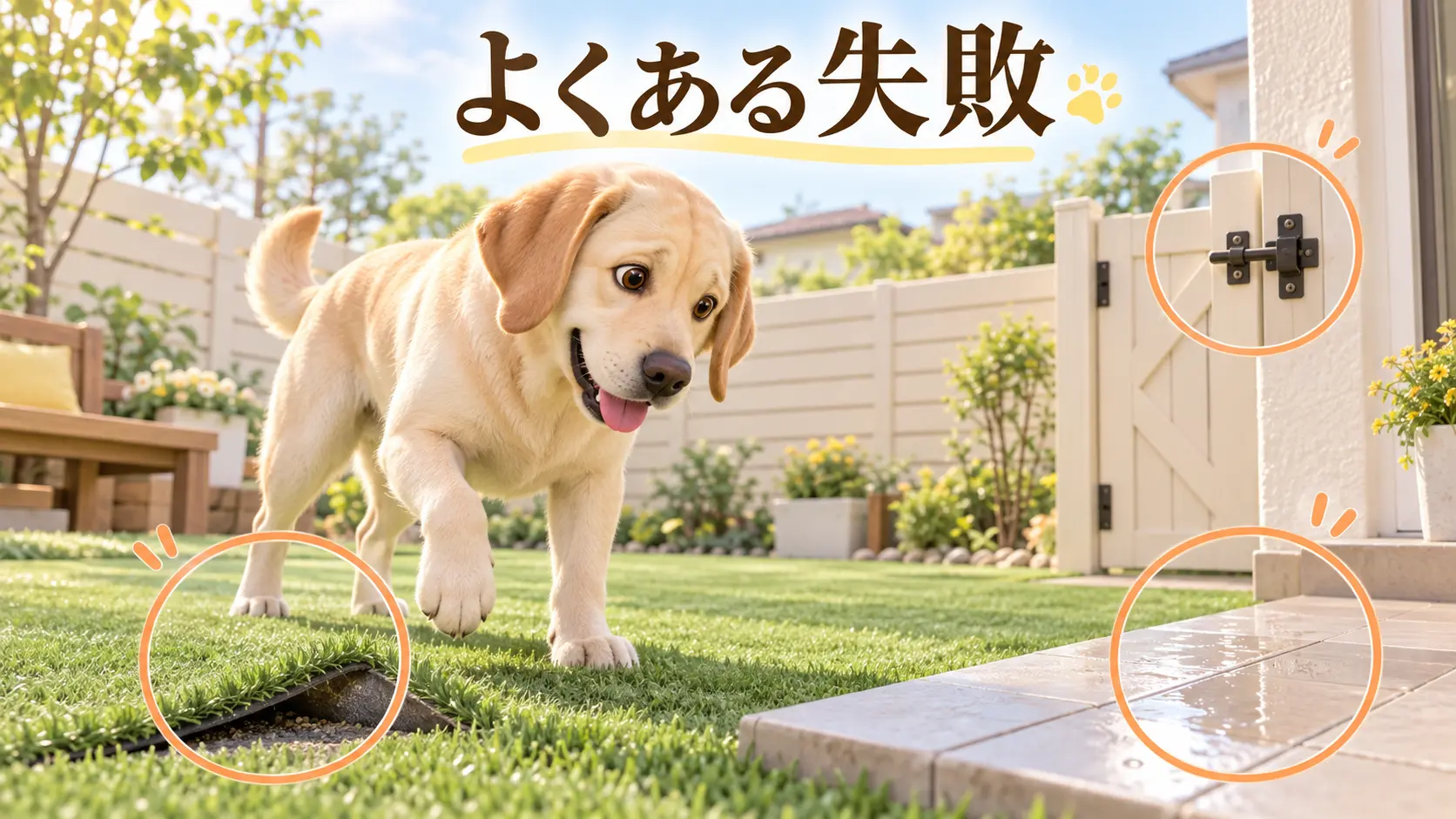 庭の注意点を示すラブラドールの画像