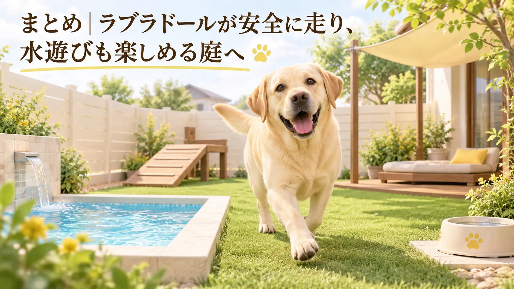 芝生と水遊び場を備えた庭のラブラドール