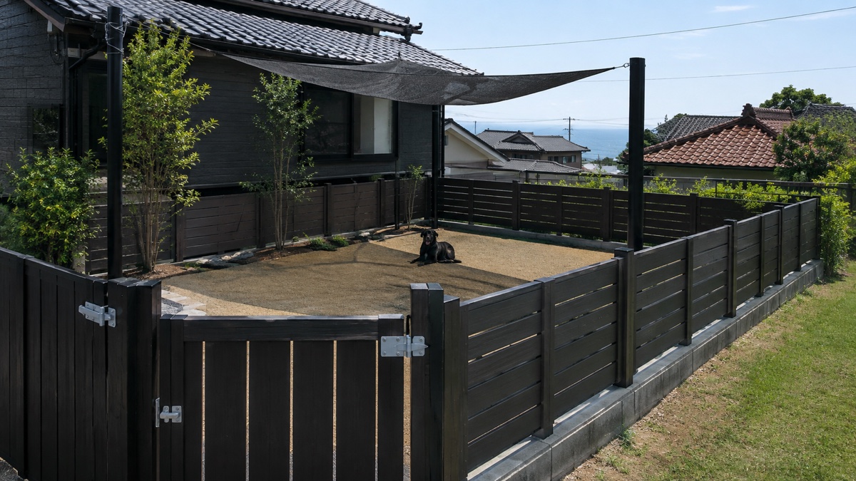静岡県の海沿いの住宅で潮風に配慮したフェンス付きドッグラン
