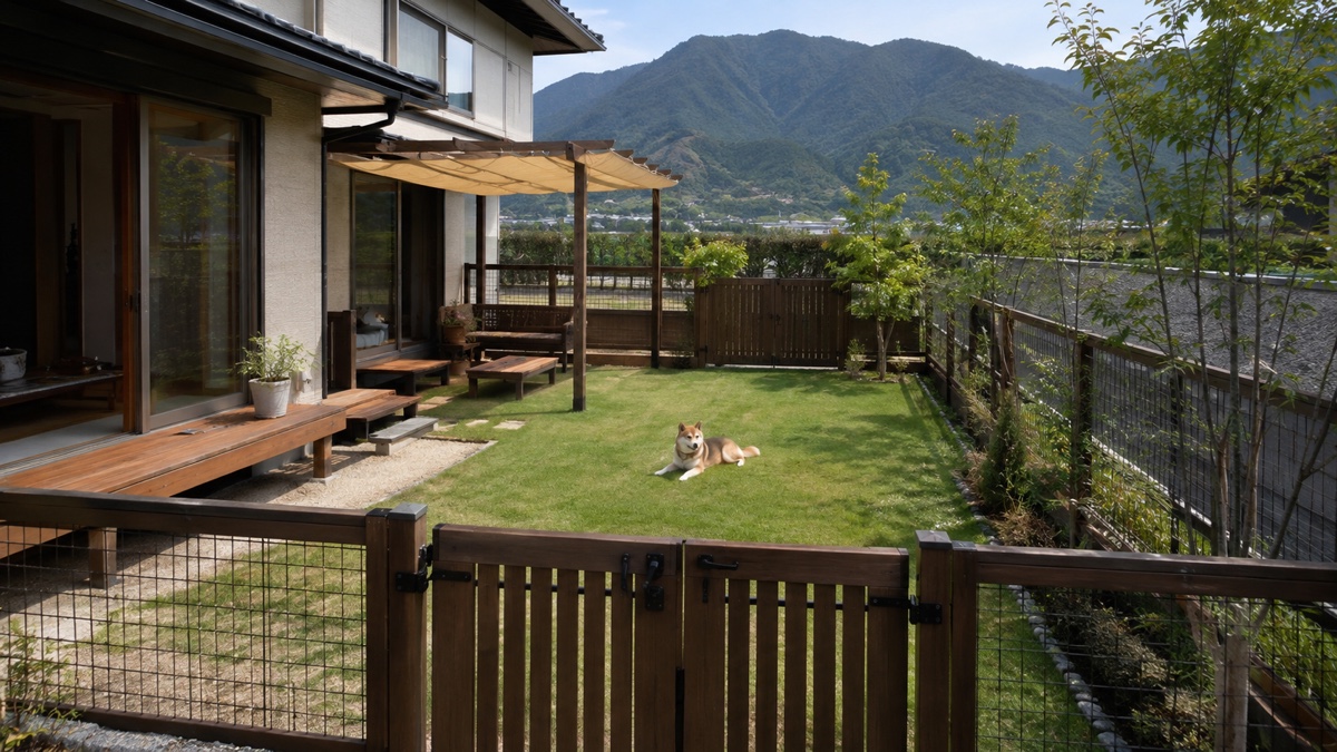 静岡県の住宅の庭に作られた実写風の自宅ドッグラン