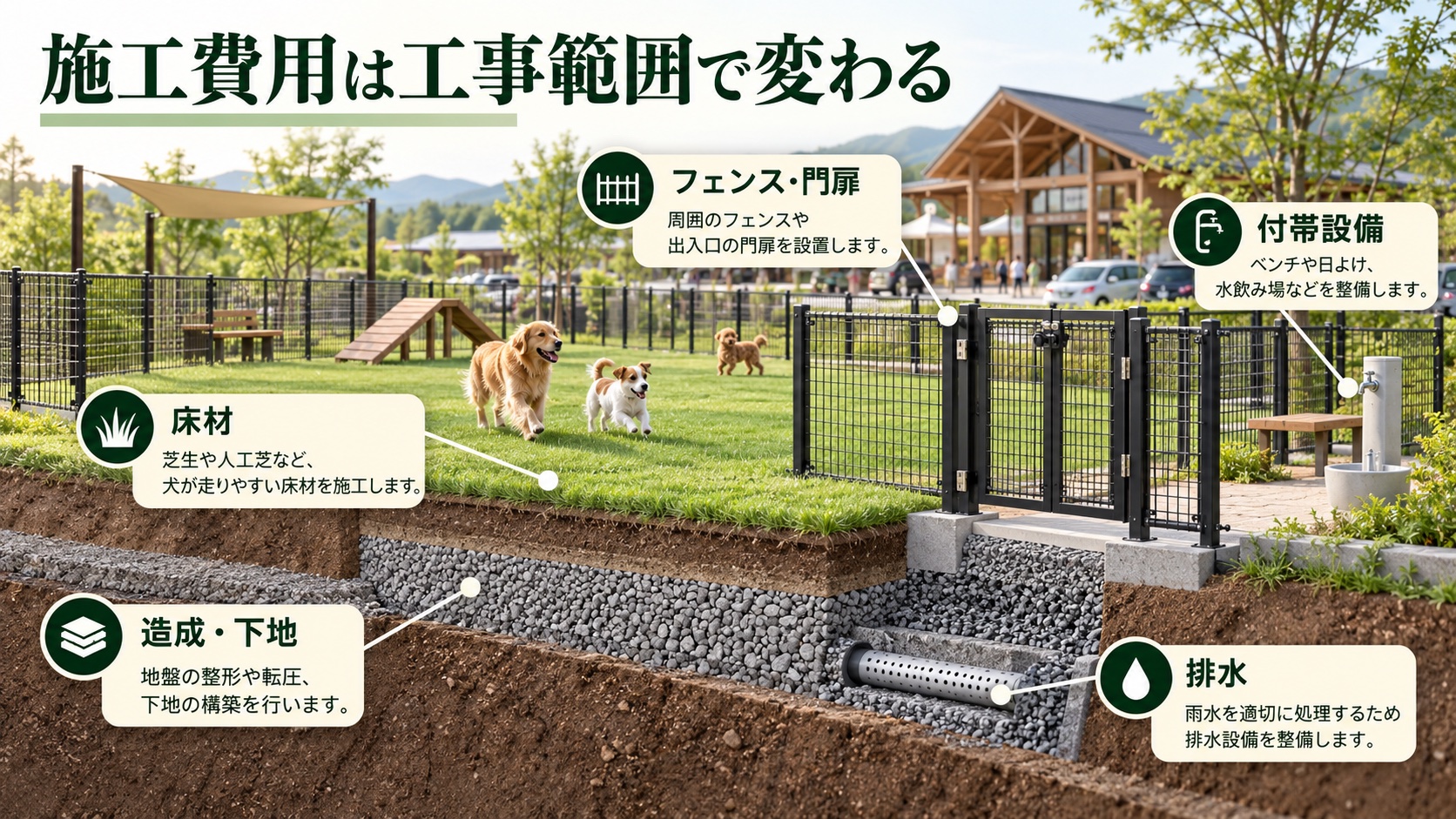 ドッグラン施工費用を構成する造成・下地、排水、フェンス・門扉、床材、付帯設備の概念図