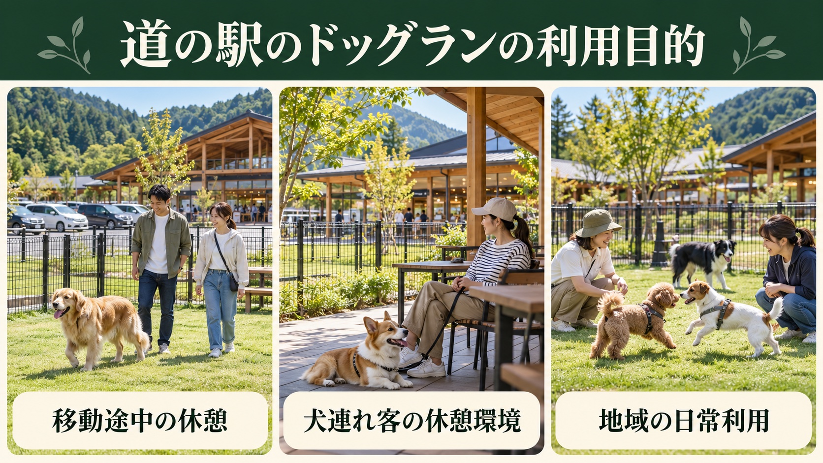 道の駅のドッグランの利用目的：移動途中の休憩、犬連れ客の休憩環境、地域の日常利用