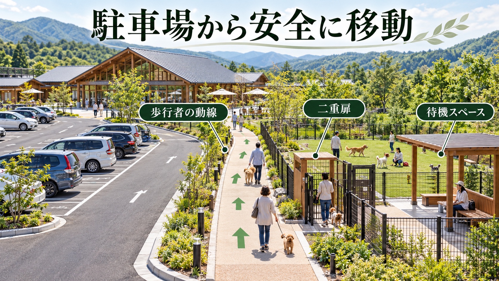 道の駅の駐車場とドッグランを結ぶ歩行経路、二重扉、待機スペースの配置イメージ
