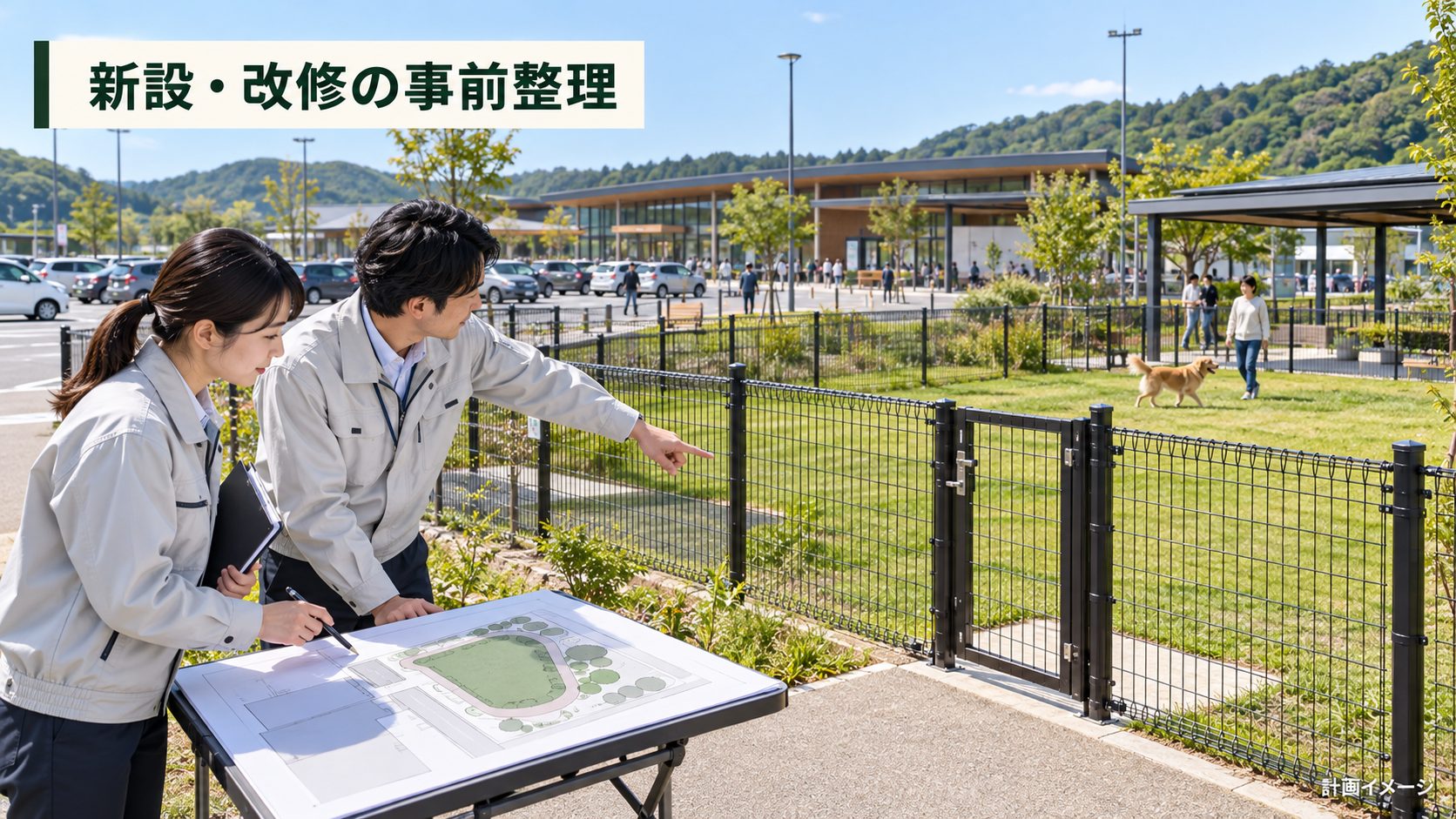 SA・PAのドッグラン整備に向け、現地図と既存設備を見ながら工事範囲を整理する担当者のイメージ。