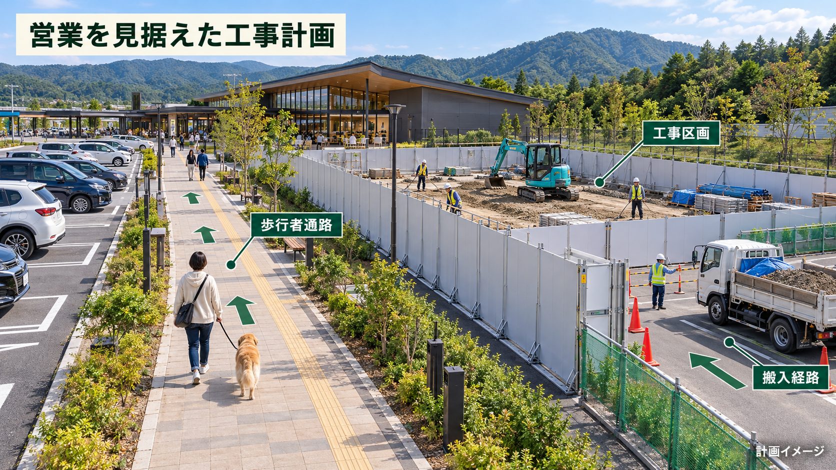 SA・PAのドッグラン工事で、仮囲いと歩行者通路、資材搬入経路を分けた計画を示すイメージ図。