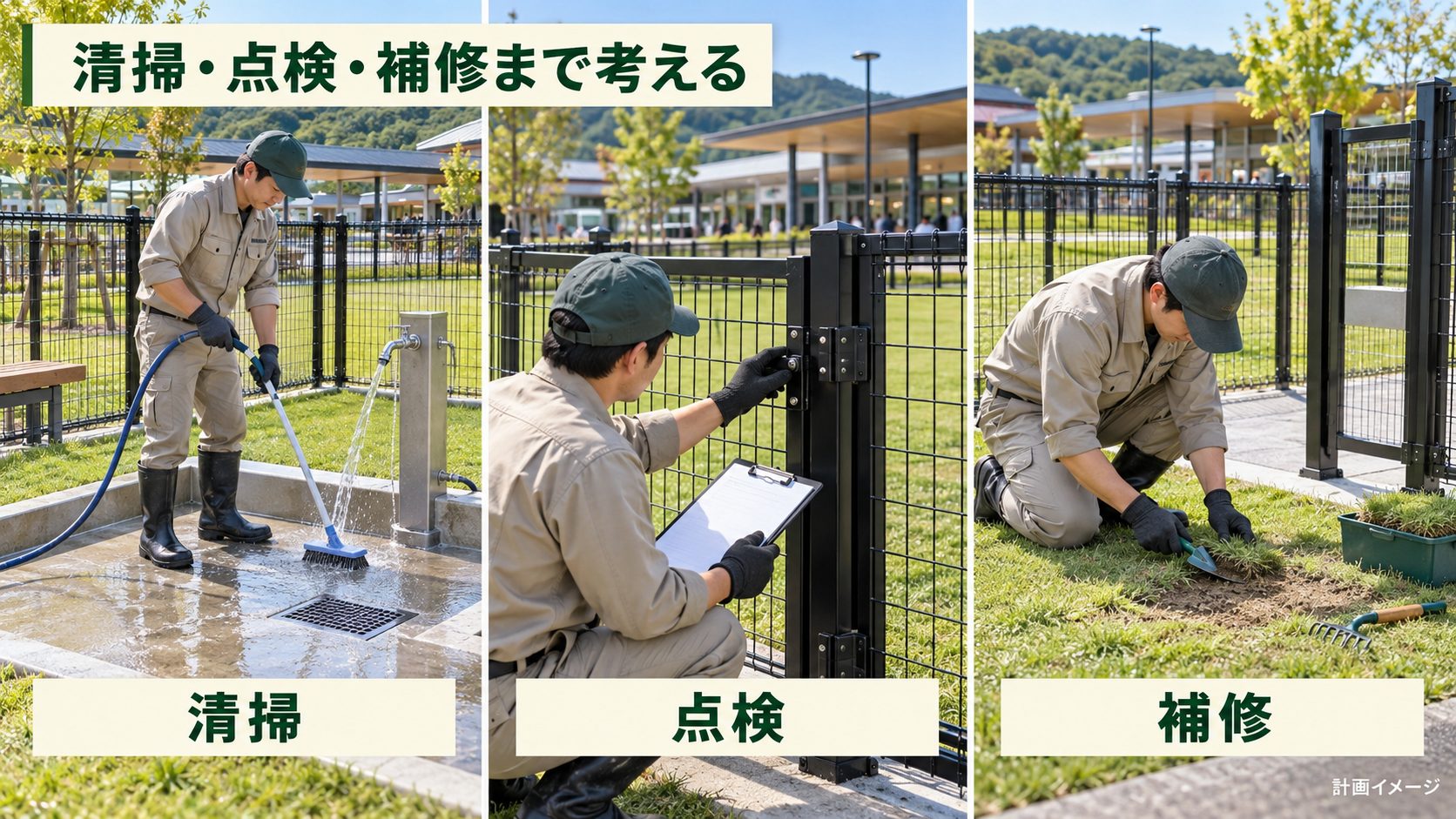 ドッグランの清掃、門扉やフェンスの点検、傷んだ地面の補修を担当者が行う維持管理イメージ。