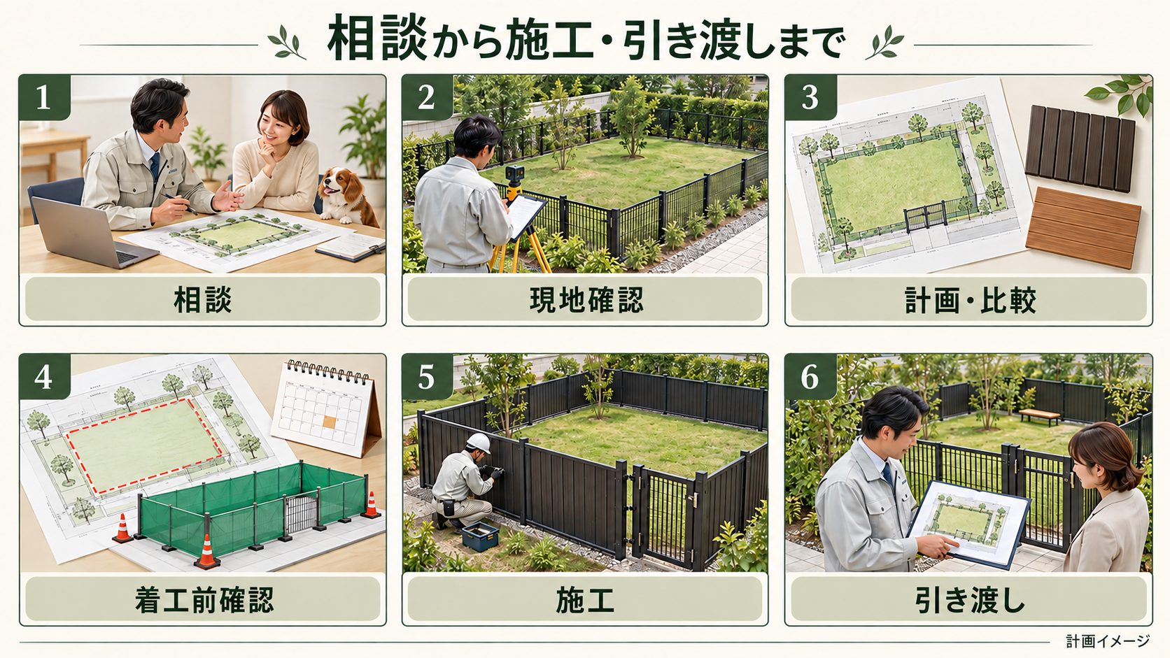 相談、現地確認、計画比較、着工前確認、施工、管理資料の引き継ぎまでを並べたSA・PAドッグラン整備の流れ。